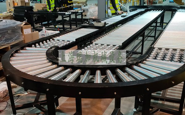 轉彎滾筒輸送機 是在2個圓弧機架間固定的夾角排列錐形輥子， 拐彎滾筒輸送機 由鏈條或膠帶驅動,使輸送件物完成45或90或